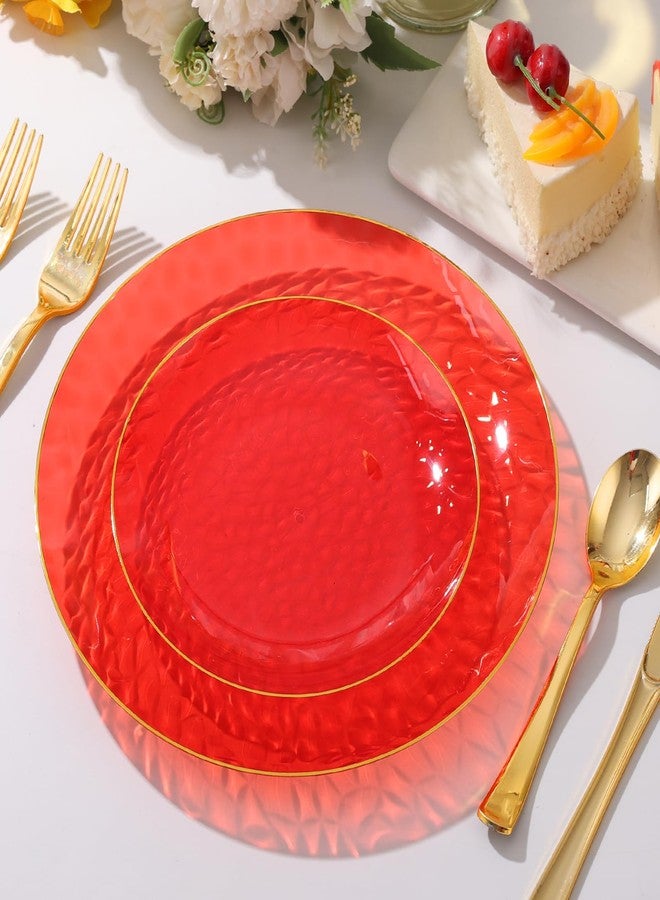 BONSINY 150 Pcs Red Plastic Plates - Red Gold Plastic Dinnerware Set for 25 Guests - 50 Disposable Plates, 75 Gold Silverware, 25 Napkins for Party Birthday Thanksgiving Christmas - Image 5