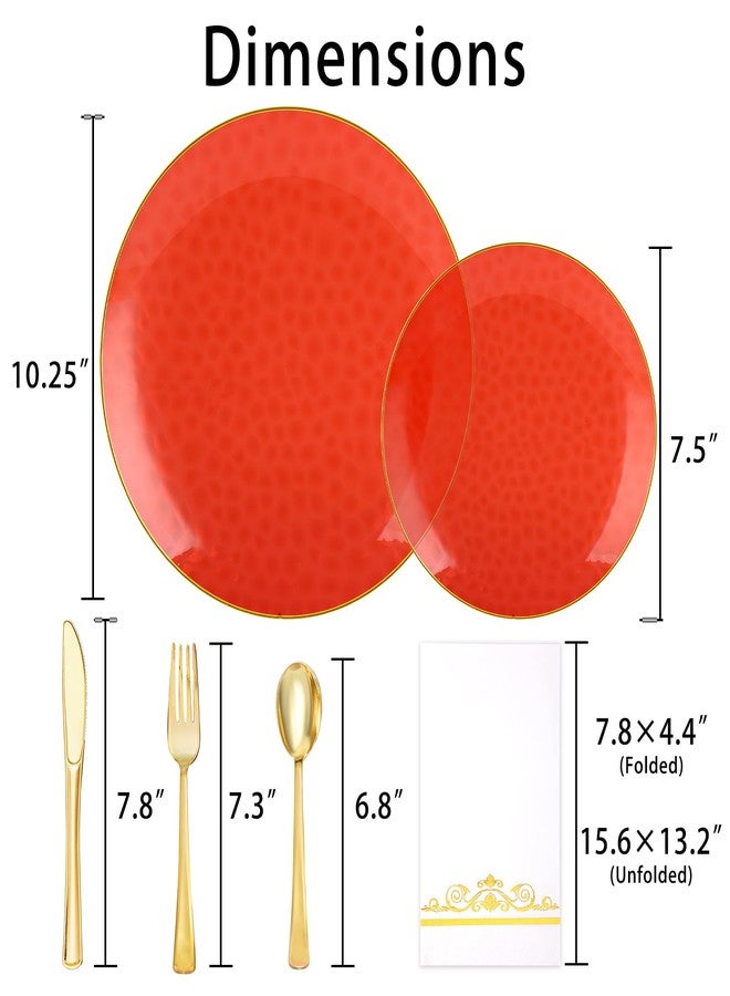 BONSINY 150 Pcs Red Plastic Plates - Red Gold Plastic Dinnerware Set for 25 Guests - 50 Disposable Plates, 75 Gold Silverware, 25 Napkins for Party Birthday Thanksgiving Christmas - Image 3