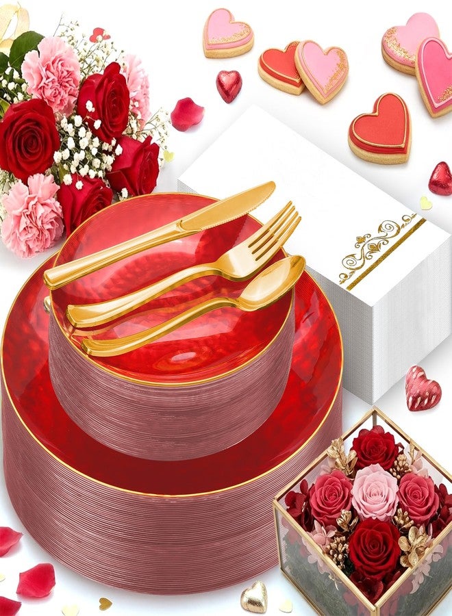 BONSINY 150 Pcs Red Plastic Plates - Red Gold Plastic Dinnerware Set for 25 Guests - 50 Disposable Plates, 75 Gold Silverware, 25 Napkins for Party Birthday Thanksgiving Christmas - Image 1