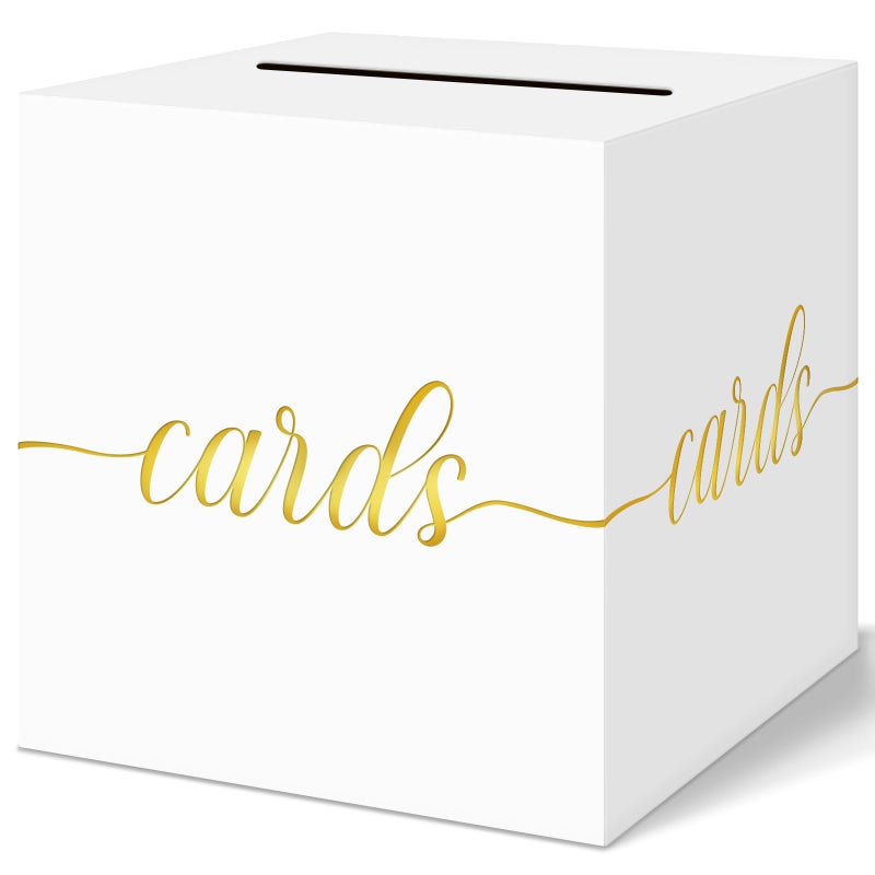 QIKSION White Wedding Card Box, Gold Foil Gift Card Box for Party, Wedding Reception, Birthday, Graduation Decorations, Baby & Bridal Shower, Anniversary, Retirement - Image 1