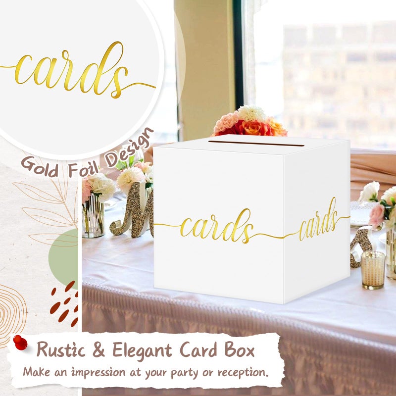 QIKSION White Wedding Card Box, Gold Foil Gift Card Box for Party, Wedding Reception, Birthday, Graduation Decorations, Baby & Bridal Shower, Anniversary, Retirement - Image 3