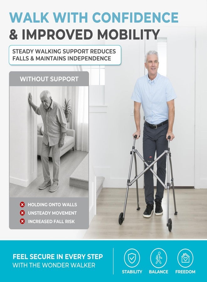 Stander Wonder Walker with 5-inch Wheels, Lightweight Folding Walker for Adults, Seniors, and Elderly, Collapsible Travel Walker, Ski Glides for Mobility Support, Compact, Black Walnut - Image 2