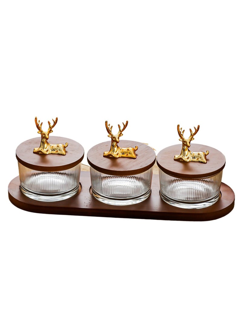 Arabic vertical pattern three heroes set: 3×200ml moisture-proof glass jar + natural wood lid tray | coffee beans lock freshness/candy anti-sticking/living room light luxury storage, Ramadan kitchen artifact one-click upgrade home aesthetics  - Image 1