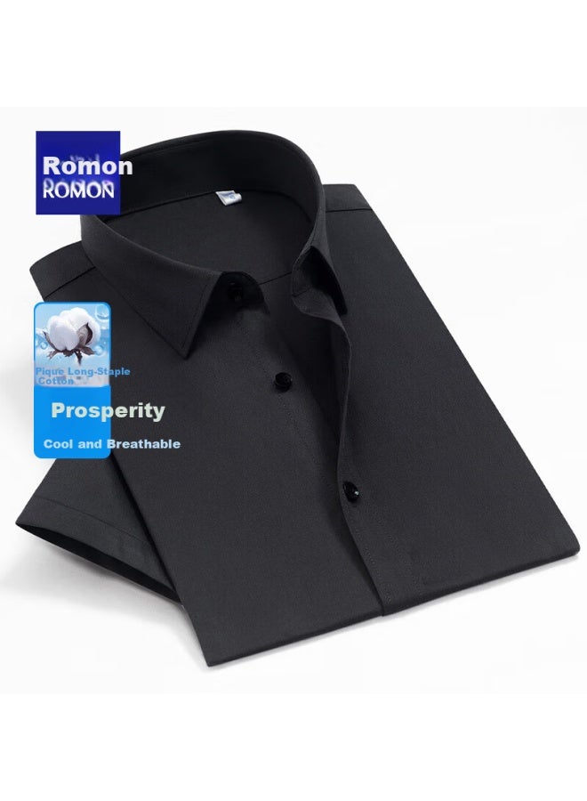 Romon Men's Short Sleeve Shirt Summer Solid Color Polo Collar Commuter Workwear Youth Business Casual Professional Dress Shirt Black M - Image 1