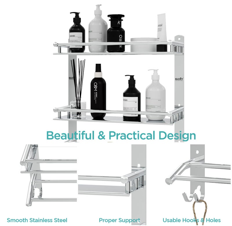 GLOXY Stainless Steel Double Layer Shelf with Towel Rod - Bathroom Shelves for Optimal Storage, with Sleek Chrome Finish Durable Bathroom Accessories and Fittings (5D X 15W X 18H Inch) - Image 2