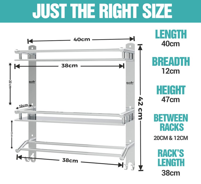 GLOXY Stainless Steel Double Layer Shelf with Towel Rod - Bathroom Shelves for Optimal Storage, with Sleek Chrome Finish Durable Bathroom Accessories and Fittings (5D X 15W X 18H Inch) - Image 4