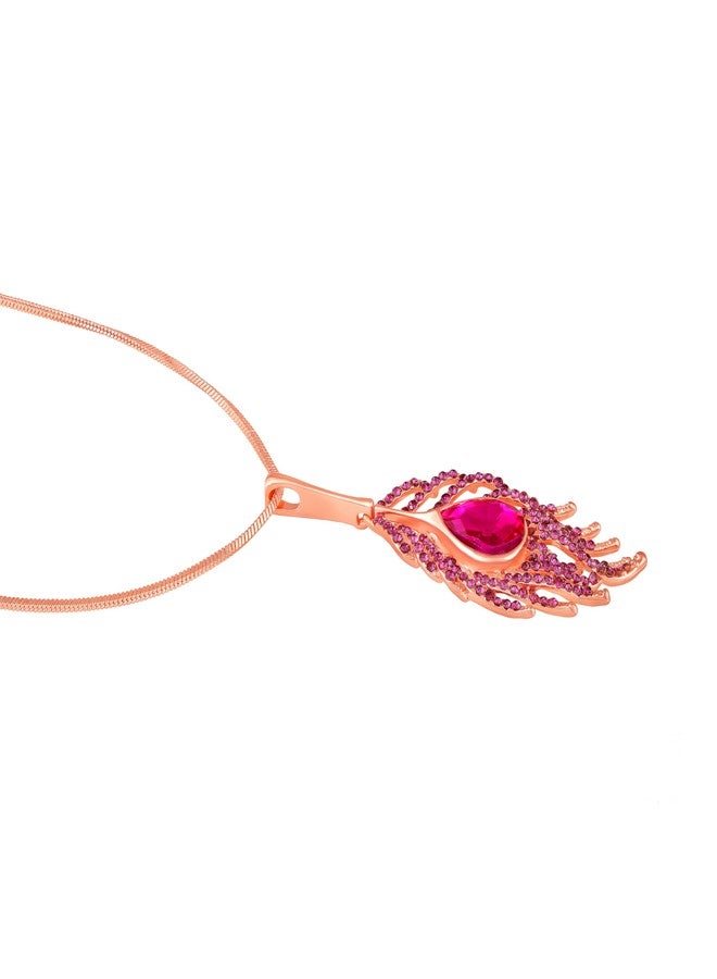 Mahi Pink Crystals Studded Peacock Feather-Shaped Necklace Pendant for Women (PS1101940ZPin) - Image 4