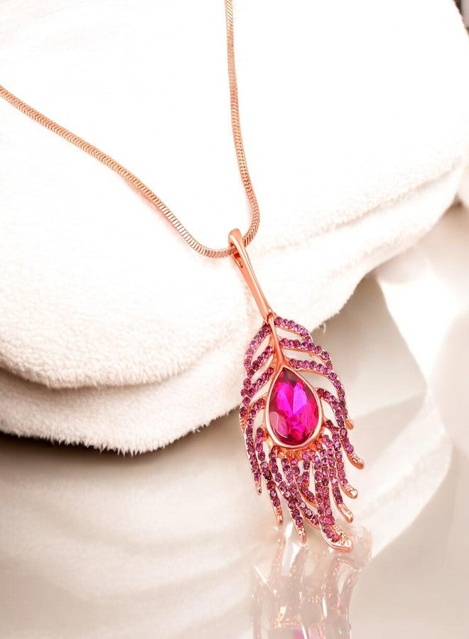 Mahi Pink Crystals Studded Peacock Feather-Shaped Necklace Pendant for Women (PS1101940ZPin) - Image 2