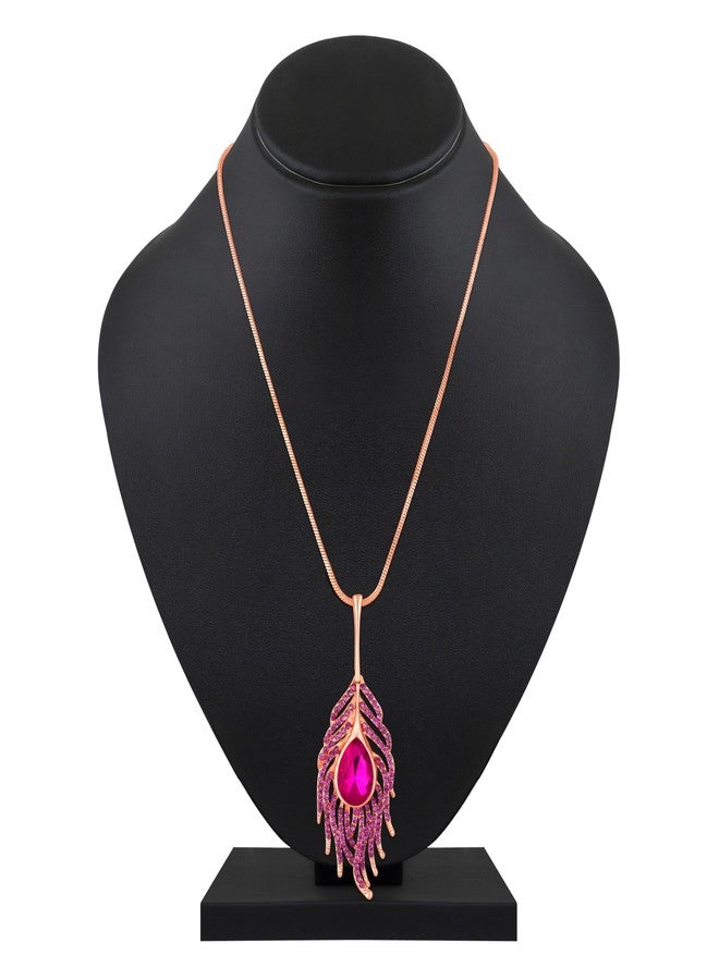 Mahi Pink Crystals Studded Peacock Feather-Shaped Necklace Pendant for Women (PS1101940ZPin) - Image 3