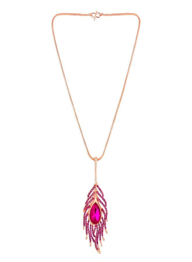 Mahi Pink Crystals Studded Peacock Feather-Shaped Necklace Pendant for Women (PS1101940ZPin) - Image 5