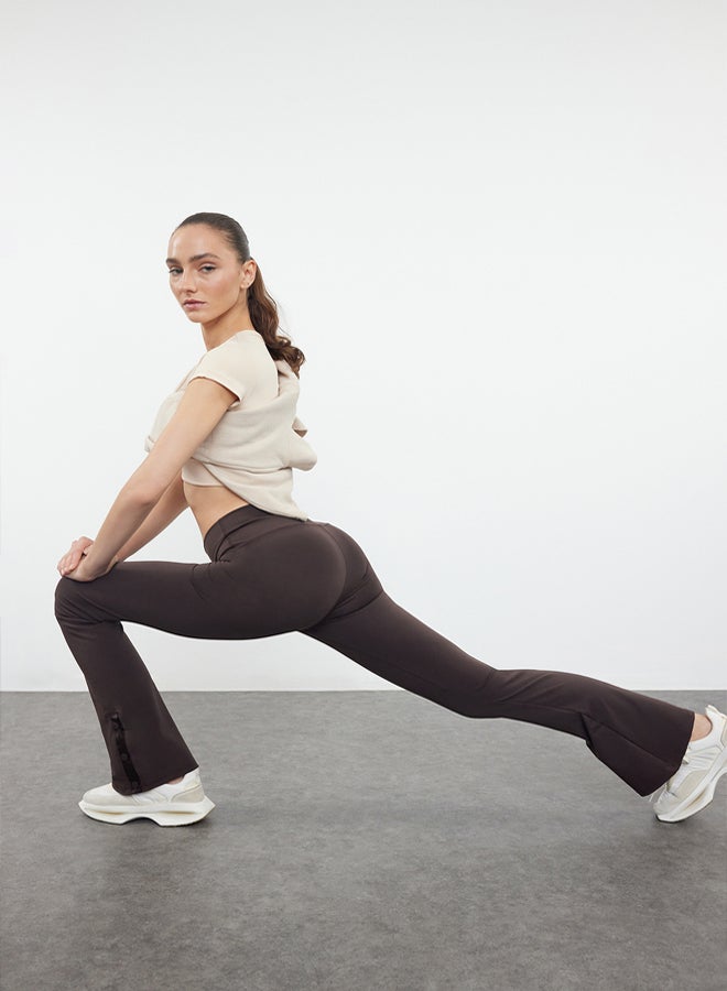 trendyol Dark Brown Gathering Leg Snap Detailed Spanish Leg Yoga Knitted Sports Tights  - Image 1