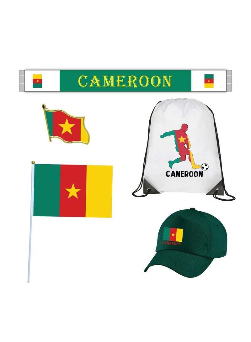 Cameroon Sports Combo Pack - Gifts for Sports Fan - Cap - Scarf - Flag - Flag Pin - Drawstring Bag - Image 1