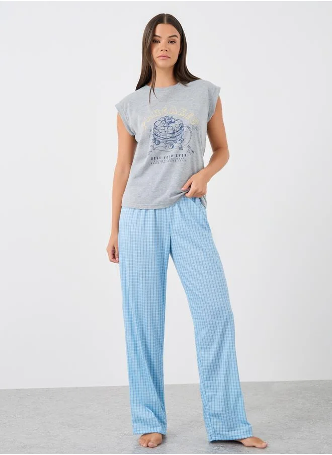 ستايلي Styli Pancake Graphic Print Tank and Gingham Checked Pyjama Set