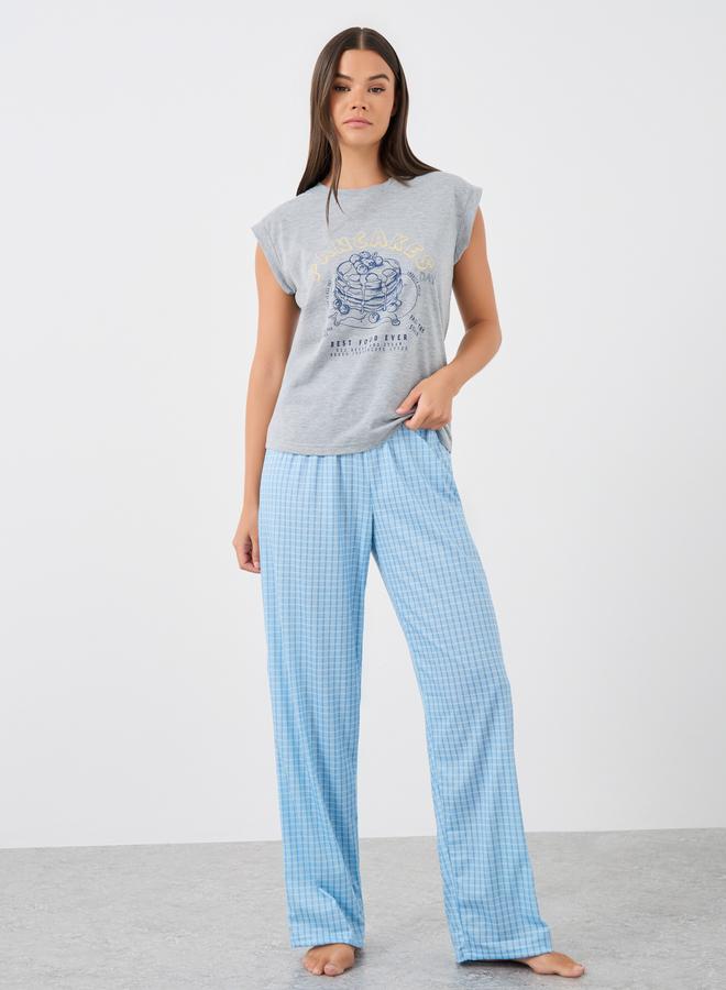 Styli Pancake Graphic Print Tank and Gingham Checked Pyjama Set - Image 1