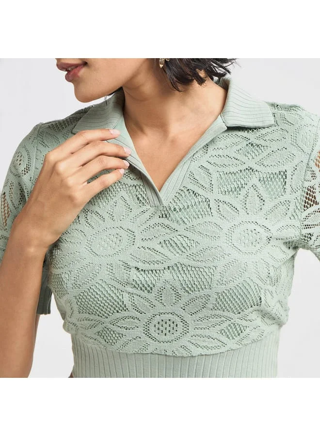Splash FAV Lace Textured T-shirt with Collar and Short Sleeves
