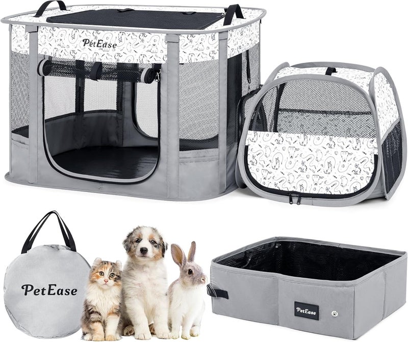 PetEase Portable 2-in-1 Dog Crate playpen, Outdoor Cat Playpen with Litter Box Area for Indoor Cats Enclosed Rabbit Puppy Hamster, Indoor/Outdoor Cats Enclosure Cages Tent(Light Gray) - Image 1