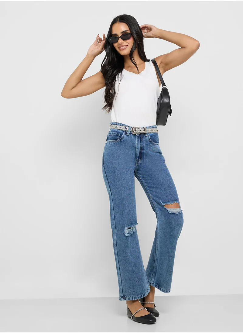 جينجر Distressed High Rise Straight Fit Jeans