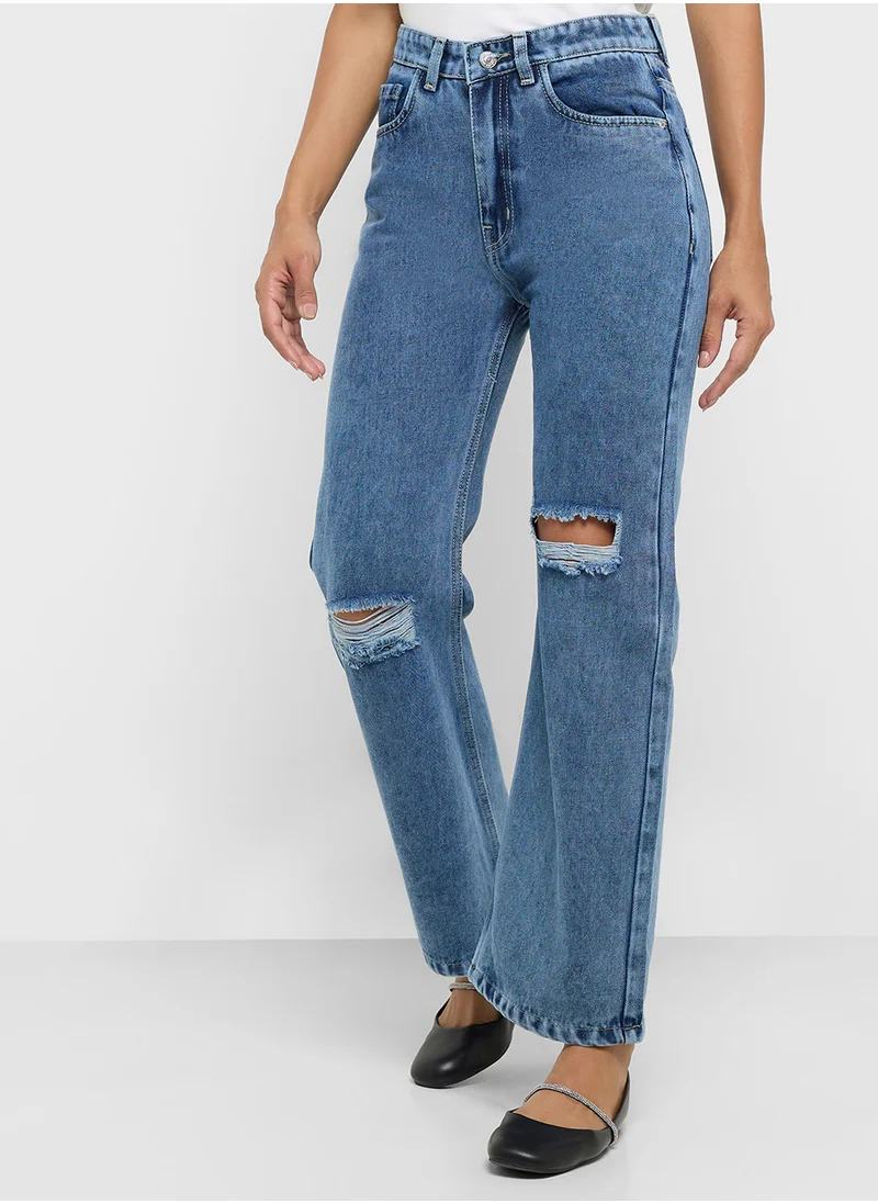 جينجر Distressed High Rise Straight Fit Jeans