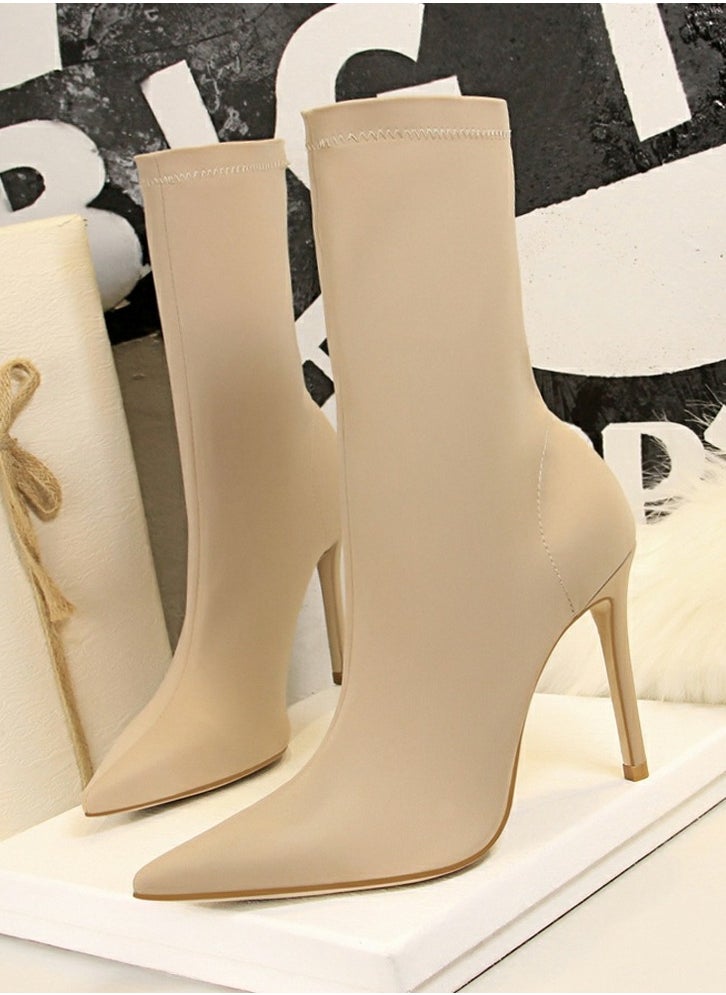 BIGTREE - Women's Stretch Pointed Toe Sock Booties  Mid-Calf Ankle Boot 10 CM Stiletto  High Heel Boots Beige - Image 1