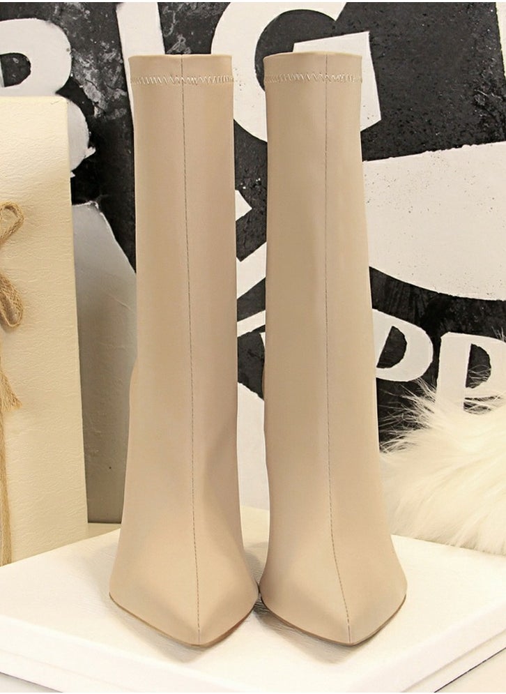 BIGTREE - Women's Stretch Pointed Toe Sock Booties  Mid-Calf Ankle Boot 10 CM Stiletto  High Heel Boots Beige - Image 1
