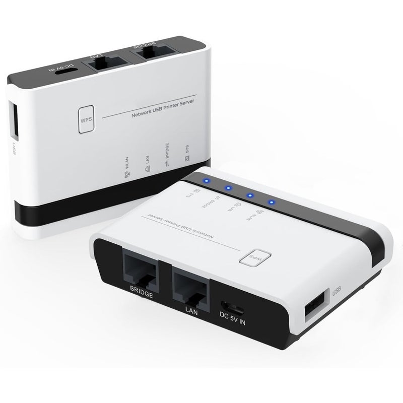 Wireless Print Server 2-Port USB 2.0 WiFi Print Server with 100Mbps LAN Bridge Wired/Wireless/Standalone Modes Compatible with Windows 10/8/7/XP, Mac OS, and All RAW-Supported Printers - Image 1