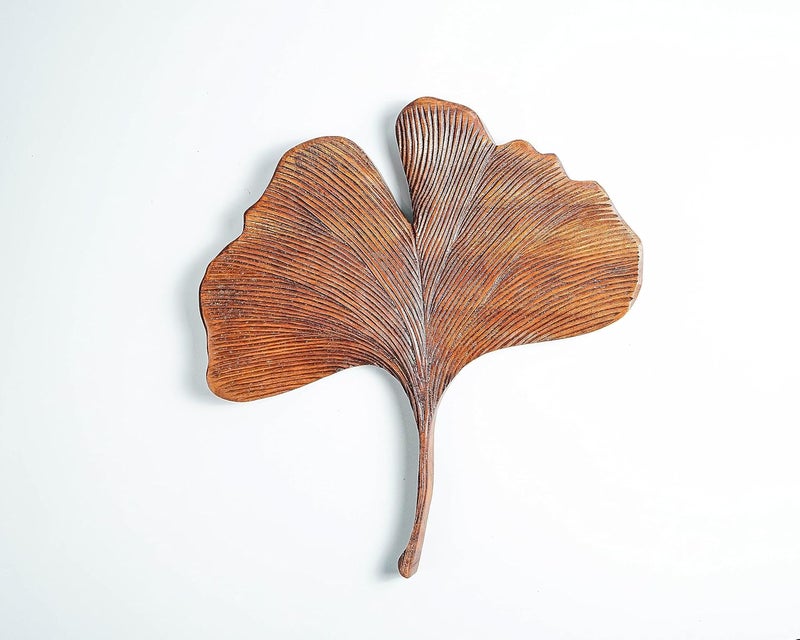 kveer SS Art Solid Wood Ginkgo Leaf Wall Art Wood Carving Room Decor Honey Finish - Image 2