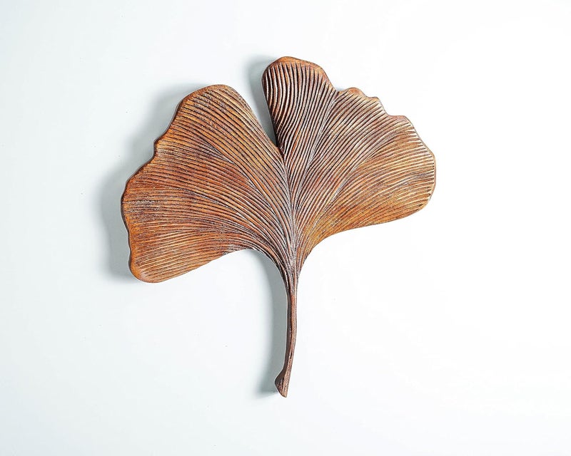 kveer SS Art Solid Wood Ginkgo Leaf Wall Art Wood Carving Room Decor Honey Finish - Image 1
