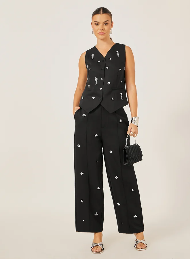 ستايلي Styli Embroidered Mid Rise Tapered Trouser