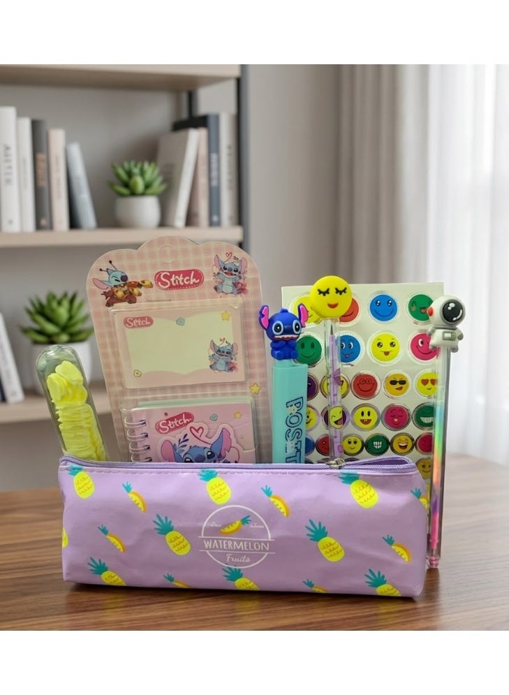 Pencil case + school supplies (spirit pen + multi-purpose space pen + cardboard ballpoint pen + emoji sticker + notebook * notes + tissue bottle) - Image 1