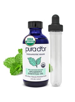 Pura d'or PURA D'OR Organic Spearmint Essential Oil (4oz with Glass Dropper) USDA Certified 100% Pure & Natural Therapeutic Grade Diffuser for Aromatherapy, Focus, Concentration, Mood Uplift 