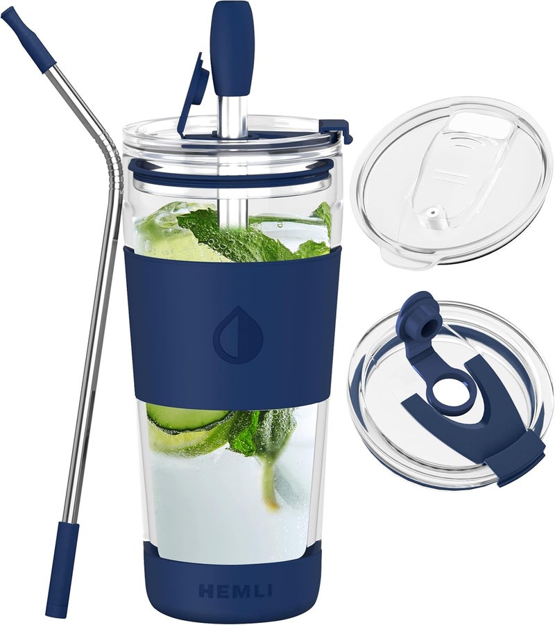 19 oz. Clear Double Wall Glass Coffee Tumbler, To Go Glass Travel Mug with Lid, Portable Glass Thermos with Straw, Reusable Cup for Coffee, Tea, Smoothies, Ice Coffee, and Boba (Dark Blue)