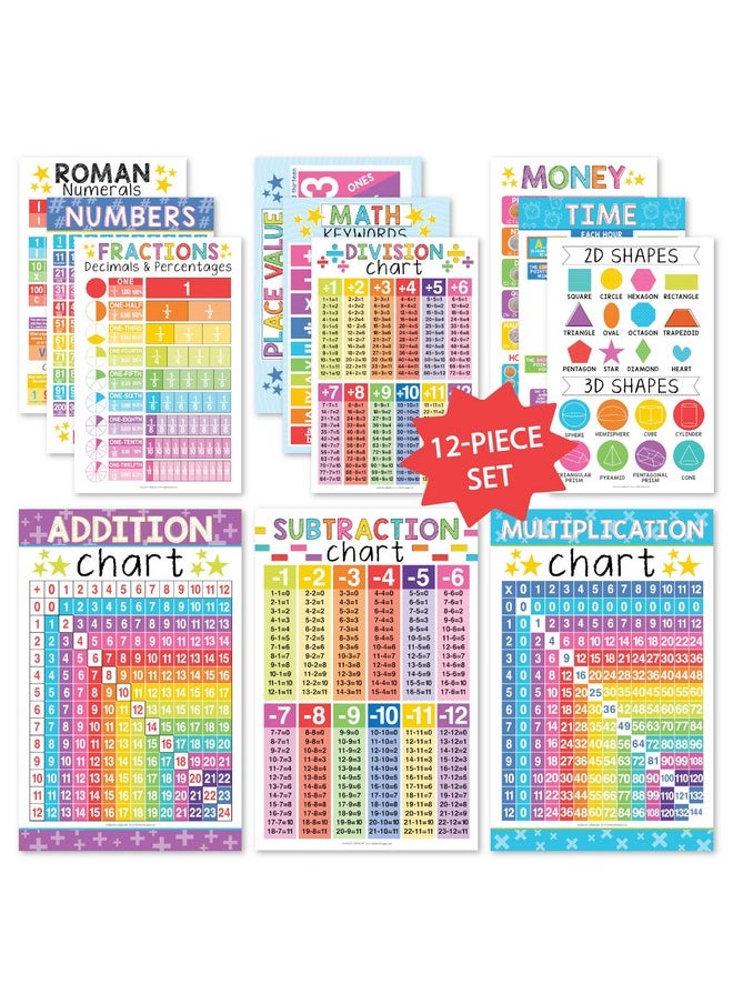 Hadley Designs Hadley Designs 12 Math Educational Posters, Essentials Pack For 1st, 2nd, 3rd, 4th & 5th Grade, Times Table Chart for Kids Learning 2d 3d Shapes, Fractions, Vocabulary, Multiples & Division  - Image 1