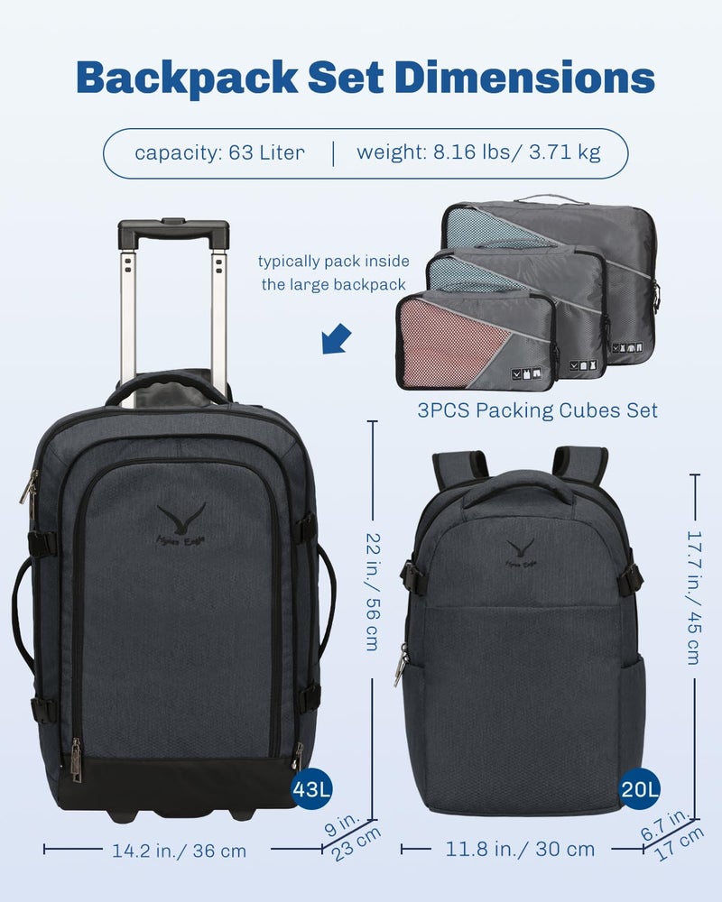 Hynes Eagle 2 in 1 Travel Backpack 22 inches Carry on Luggage 63L Rolling Backpack for Men Women with Packing Cubes 3PCS Set Gray Blue - Image 3