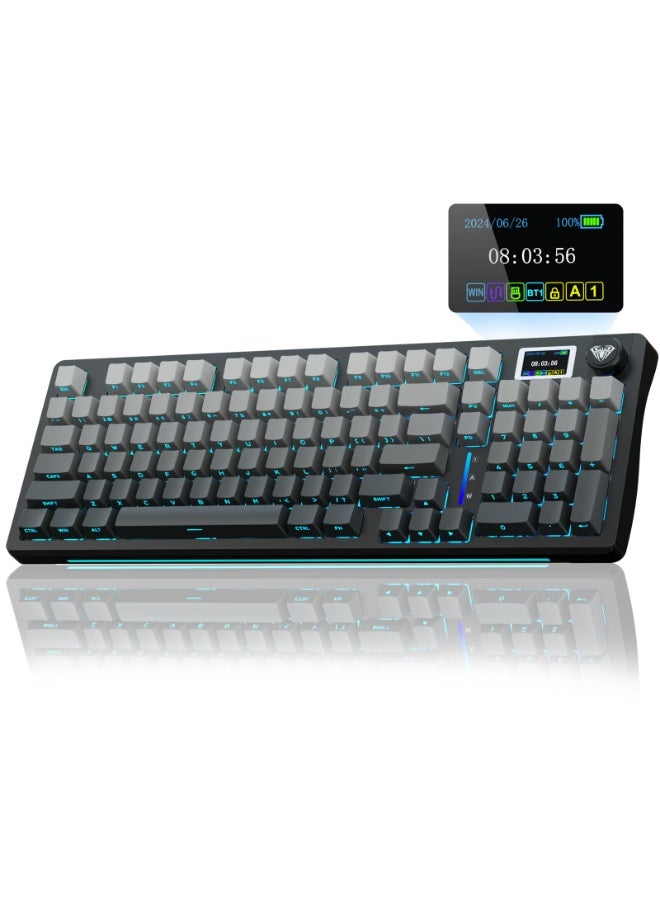 أولا لوحة مفاتيح ميكانيكية لاسلكية AULA S98 Pro مع شاشة ومقبض، 2.4 جيجاهرتز/USB-C/BT5.0، لوحة مفاتيح كريمية قابلة للتبديل السريع، مفاتيح خطية مُشحمة مسبقًا، أغطية مفاتيح PBT مطبوعة على الجانب، لوحات مفاتيح ألعاب بإضاءة خلفية RGB - Image 1