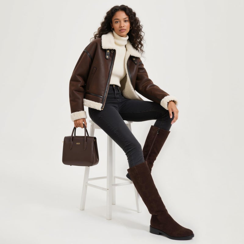 Modatope Brown Boots Women Round Toe Knee High Brown Faux Suede Flat Heel Side Zipper Fall Chocolate Tall Suede Boots for Women Size 10 - Image 2