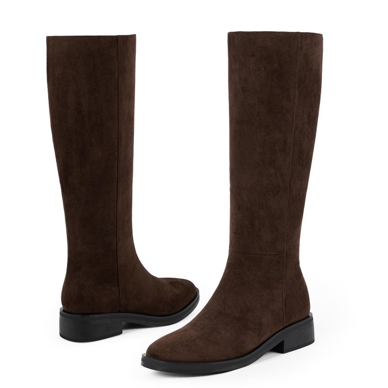 Modatope Brown Boots Women Round Toe Knee High Brown Faux Suede Flat Heel Side Zipper Fall Chocolate Tall Suede Boots for Women Size 10 - Image 5