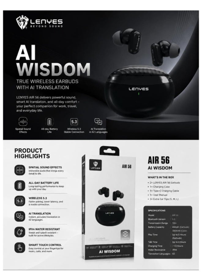 Lenyes Air 5G AI Wisdom Wireless Earbuds with Charging Case, Black - Image 2
