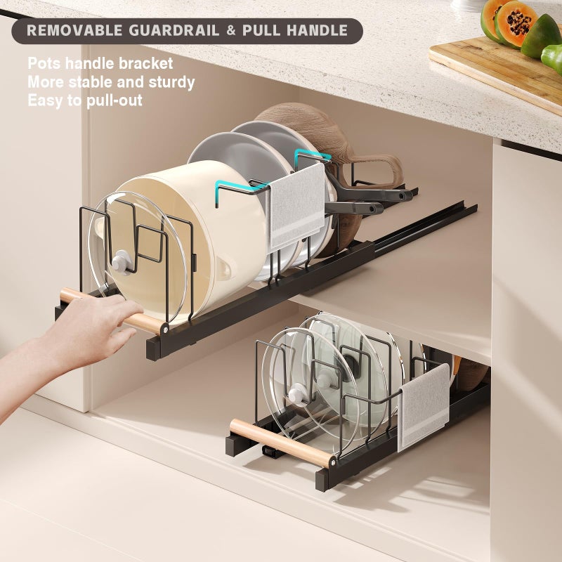 Magheo Pull Out Pots and Pans Organizer Under Cabinet, 22" Deep Expandable Pot Lid Organizer and Storage with 10 Adjustable Dividers Adhesive Pot and Pan Holder Rack with Handle Bracket(1 Pack,Black) - Image 3