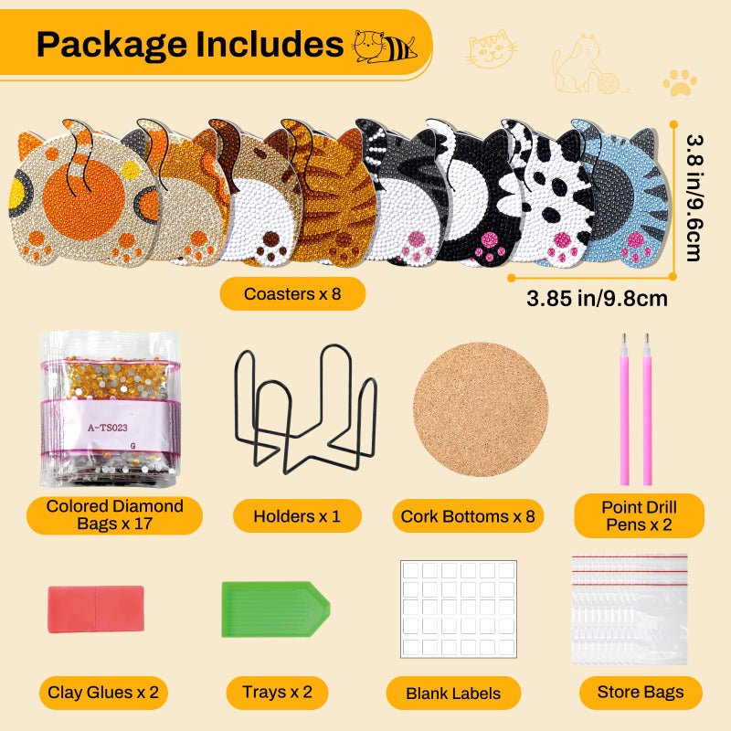 Snuvid Diamond Art Painting Coasters Kits, 8Pcs Cat Butt Coaster with Holder for Adults, Non-Slip DIY Dot Paint Craft Kits, Funny Cat Lover Gifts for Women - Image 3