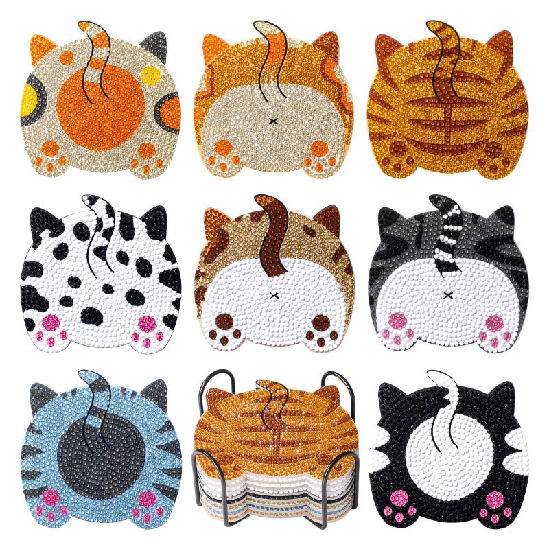 Snuvid Diamond Art Painting Coasters Kits, 8Pcs Cat Butt Coaster with Holder for Adults, Non-Slip DIY Dot Paint Craft Kits, Funny Cat Lover Gifts for Women - Image 1