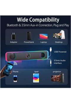 Generic Computer Speakers for PC Desktop Monitor, Bluetooth 5.3, USB Powered Computer Soundbar with LED RGB Light, Knob Volume Control, 3.5mm Aux Input, HiFi Stereo Gaming Speakers for Desktop  - Image 5