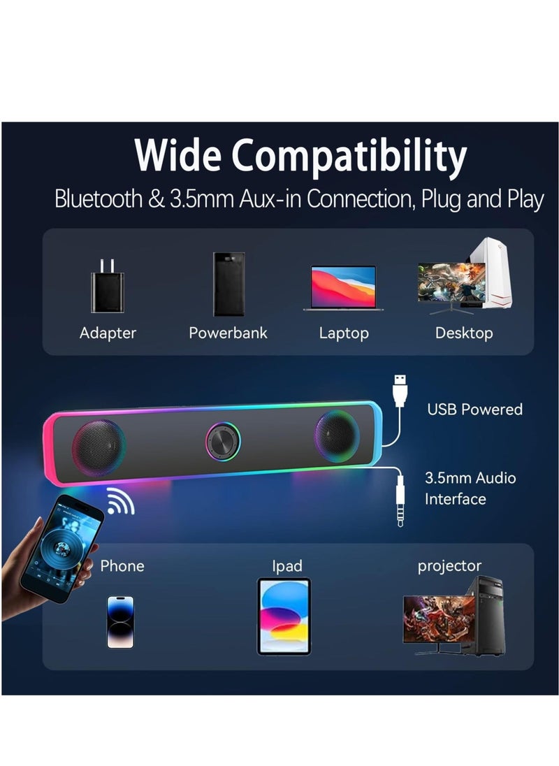 Generic - Computer Speakers for PC Desktop Monitor, Bluetooth 5.3, USB Powered Computer Soundbar with LED RGB Light, Knob Volume Control, 3.5mm Aux Input, HiFi Stereo Gaming Speakers for Desktop - Image 1