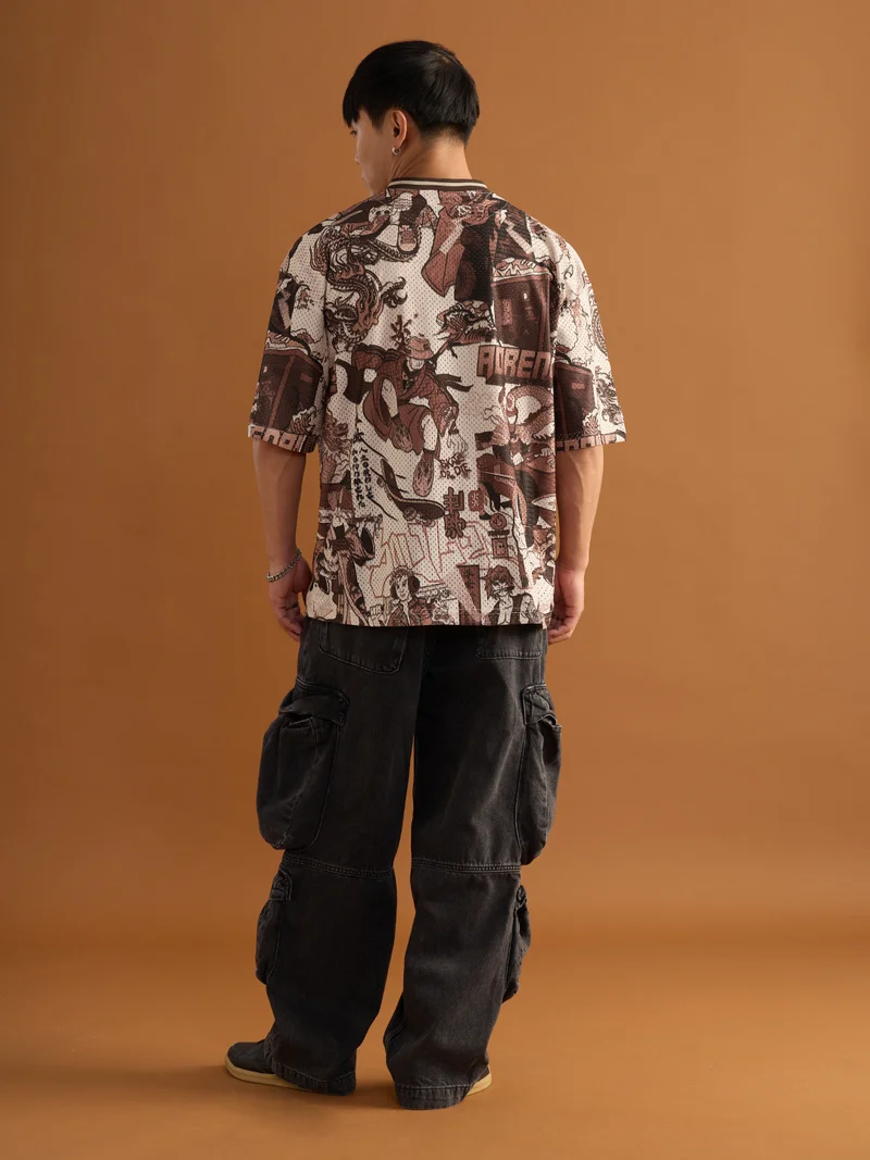 The Souled Store  The Souled Store Ukiyo-E Jersey: Revival Men and Boys Short Sleeves V-Neck Graphic Printed Breathable Mesh Oversized T-Shirt  | Best Price UAE