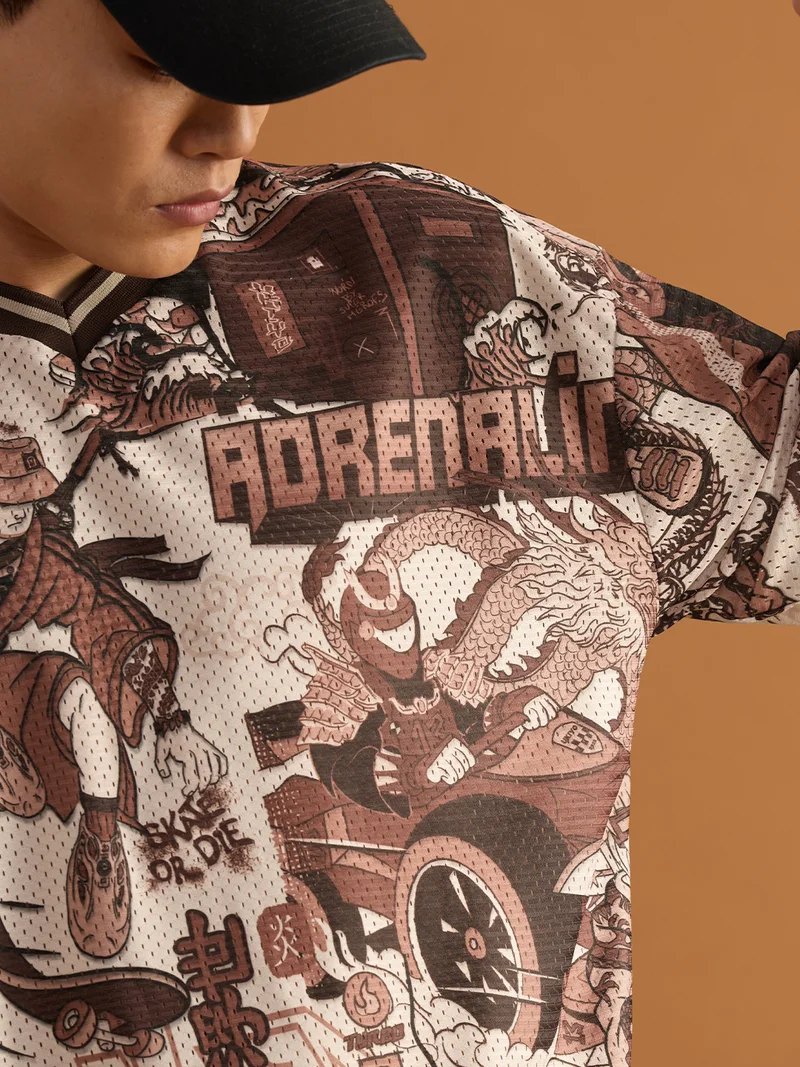 The Souled Store  The Souled Store Ukiyo-E Jersey: Revival Men and Boys Short Sleeves V-Neck Graphic Printed Breathable Mesh Oversized T-Shirt  | Best Price UAE