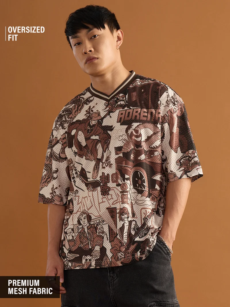 The Souled Store Ukiyo-E Jersey: Revival Men and Boys Short Sleeves V-Neck Graphic Printed Breathable Mesh Oversized T-Shirt