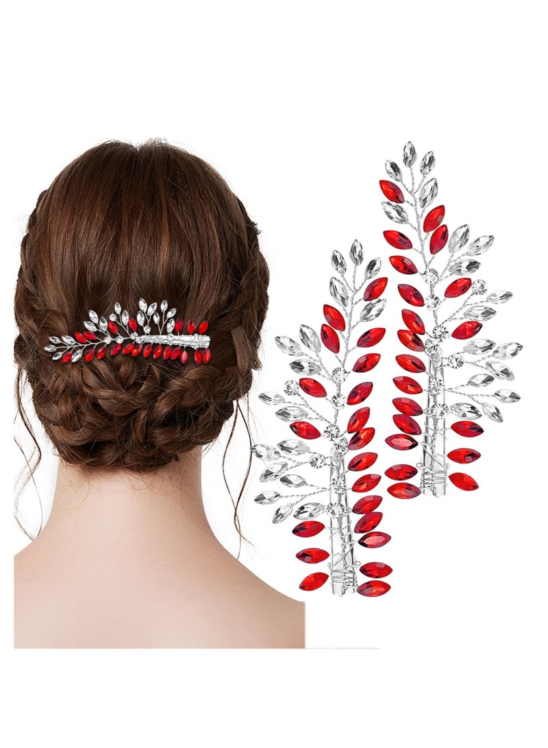 KASTWAVE 2 Pack Bridal Crystal Hair Clips, Rhinestone Leaf Hair Pins, Red Wedding Accessories, Suitable for Women Girls Party Prom - Image 1