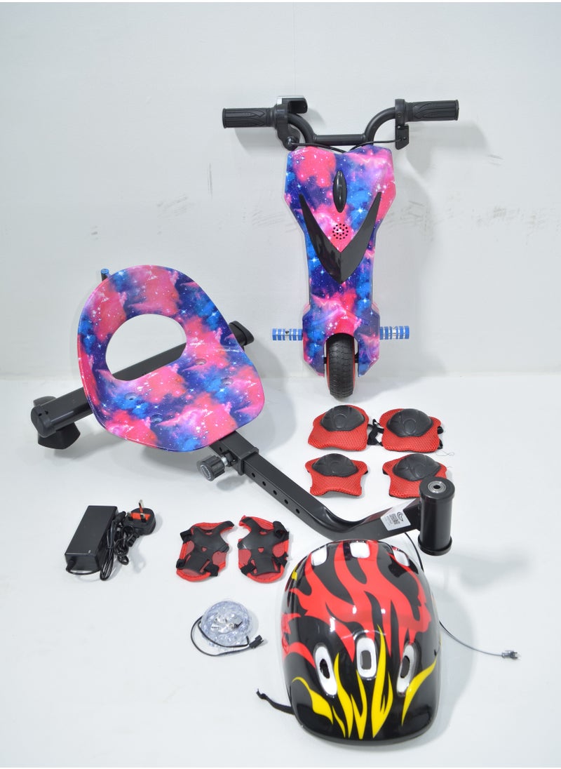 Electric Scooter Drift Small with a Power of 36 Volts, with a Helmet Protection for the Knees Elbows and Wrists. It has Two Esper Keys and Wonderful Lighting Under the Seat and From the Front