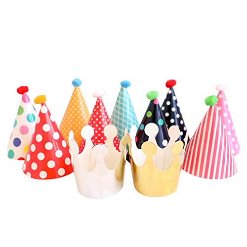 JiaHui Party Hat Set of 9 Hats and 2 Crowns with 9 Pompons for Children Birthday New Year - Image 1