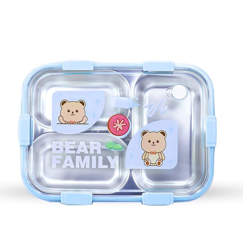 Attro Bento 3 Deluxe Lunch Box with Inner Stainless Steel & Secure Lock Cute Eye Catchy Design Food Grade, Leakproof, Vacuum Seal Design Use for School Kids & Outdoor- 750ml Blue - Image 4