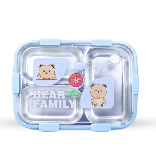 Attro Bento 3 Deluxe Lunch Box with Inner Stainless Steel & Secure Lock Cute Eye Catchy Design Food Grade, Leakproof, Vacuum Seal Design Use for School Kids & Outdoor- 750ml Blue - Image 1